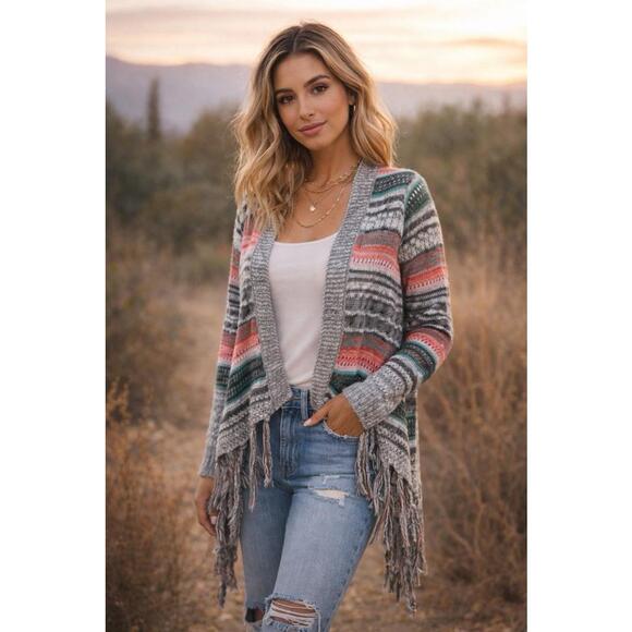 Altared State Boho Fringe Cardigan Sweater Size Small Open Knit Preloved - Picture 1 of 6